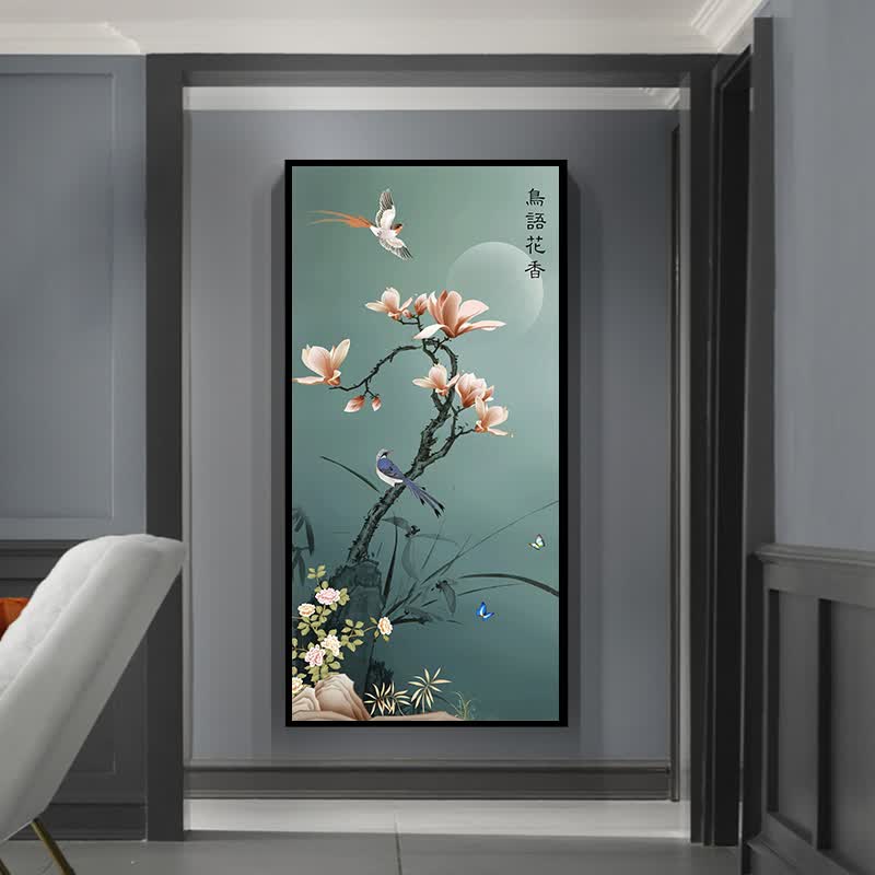 鸟语花香十字绣刺绣清晰自然进门玄关线绣客厅绣小件50x100cm生态棉线