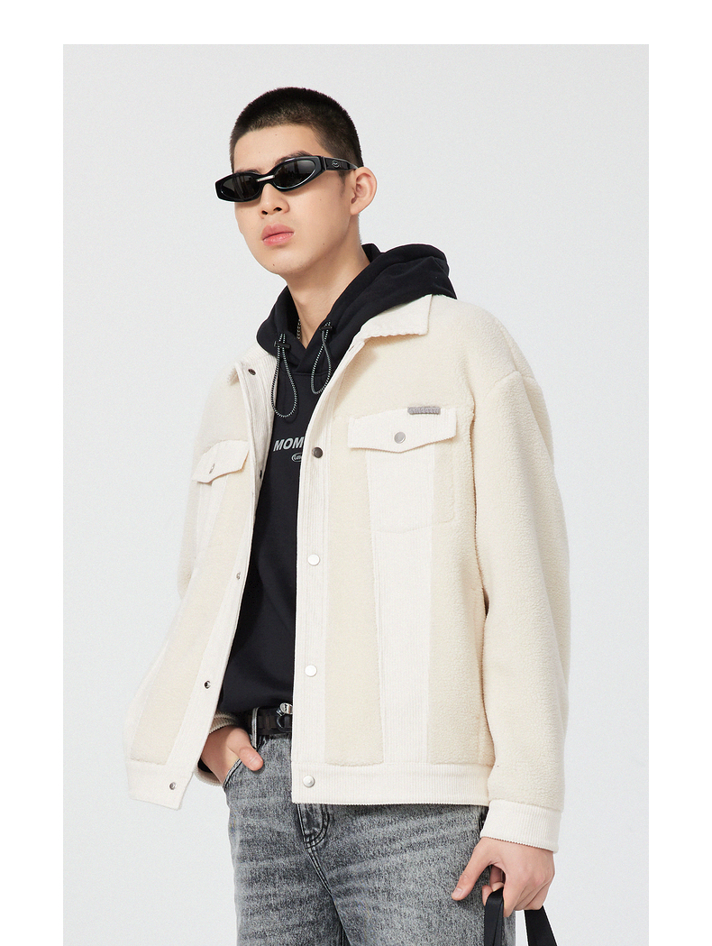 cabbeen卡宾男装休闲针织夹克外套2021新款潮流羊羔绒拼接h煤黑色