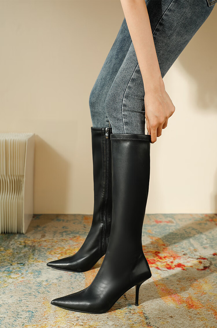 女士细高跟长筒靴子显瘦长靴女冬瘦瘦靴尖头骑士靴高跟高筒单靴 绿色