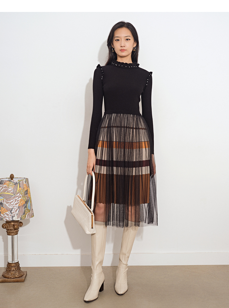 psalter诗篇影儿女装2021冬季新款黑色针织拼接网纱修身时尚连衣裙