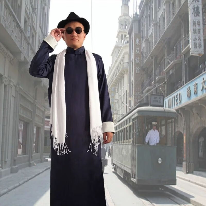 服许文强套装民国风长衫男复古长袍年会相声大褂酒红色红围巾四件套m