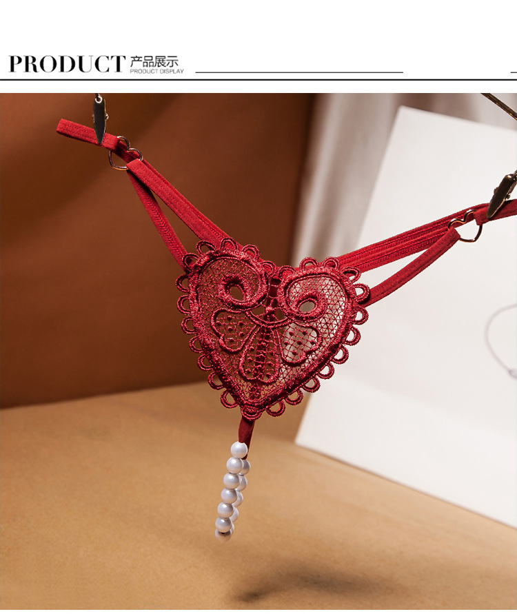 复古珍珠爱心点缀丁字裤女性感情趣内裤低腰串珠诱惑女生黑色均码