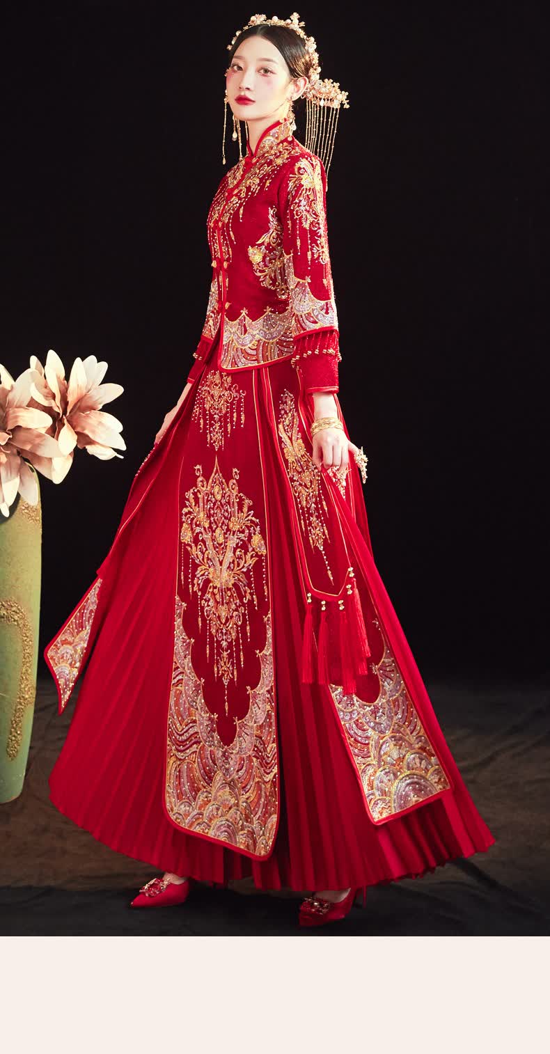 新娘闪光丝2021新款中式结婚敬酒服秋冬古装婚纱礼服出阁红色锻裙不