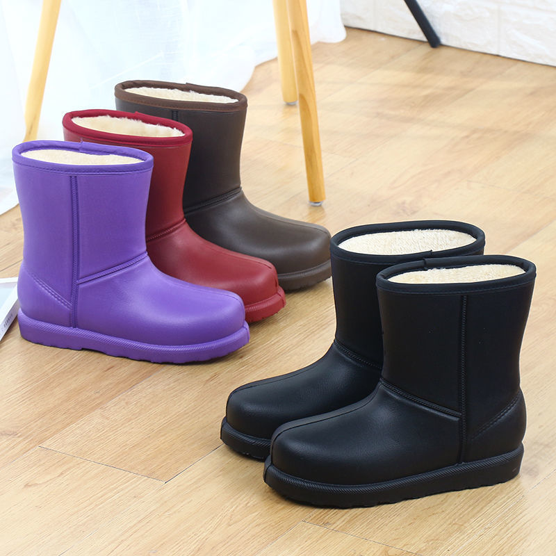 加绒棉雨鞋保暖鞋eva一体洗车厨房水靴中筒棉胶鞋套鞋女紫色37适合35