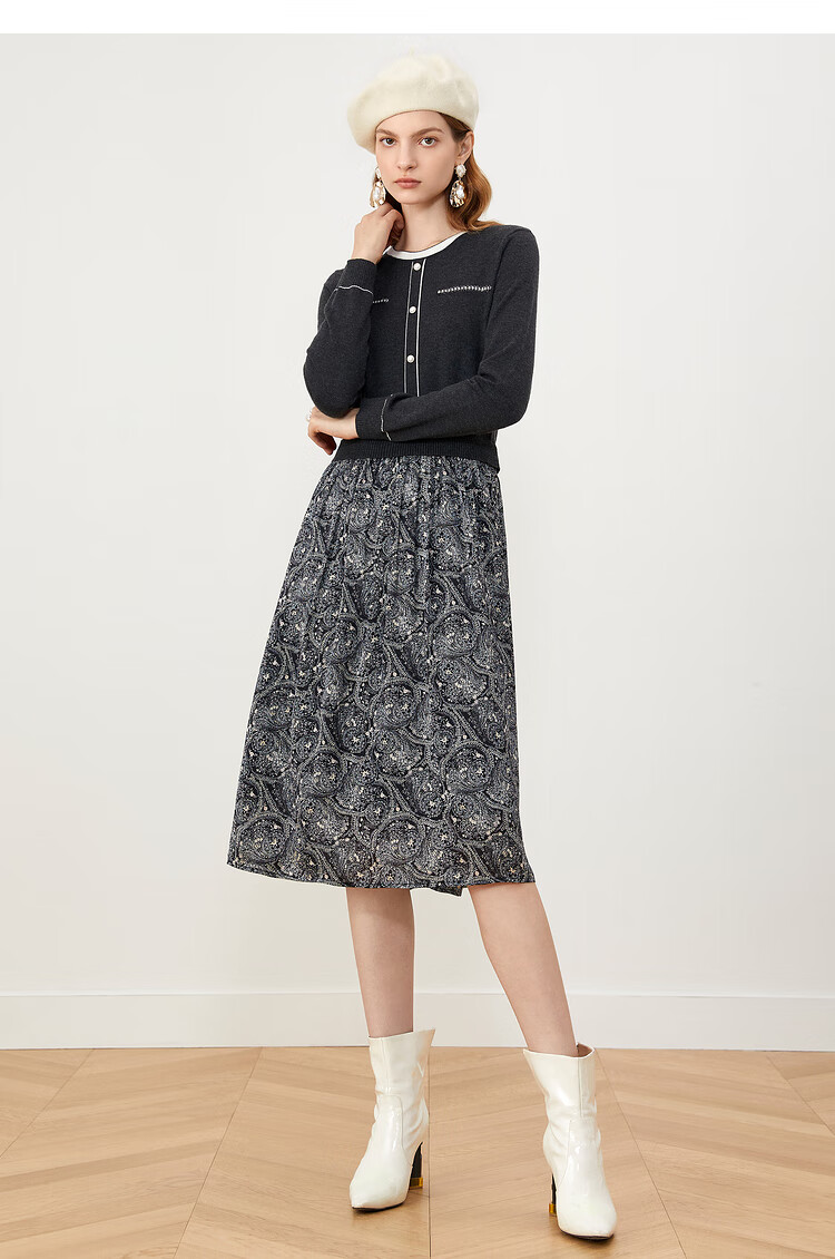 yiner音儿女装2021冬季新款针织拼接艺术印花连衣裙灰色44