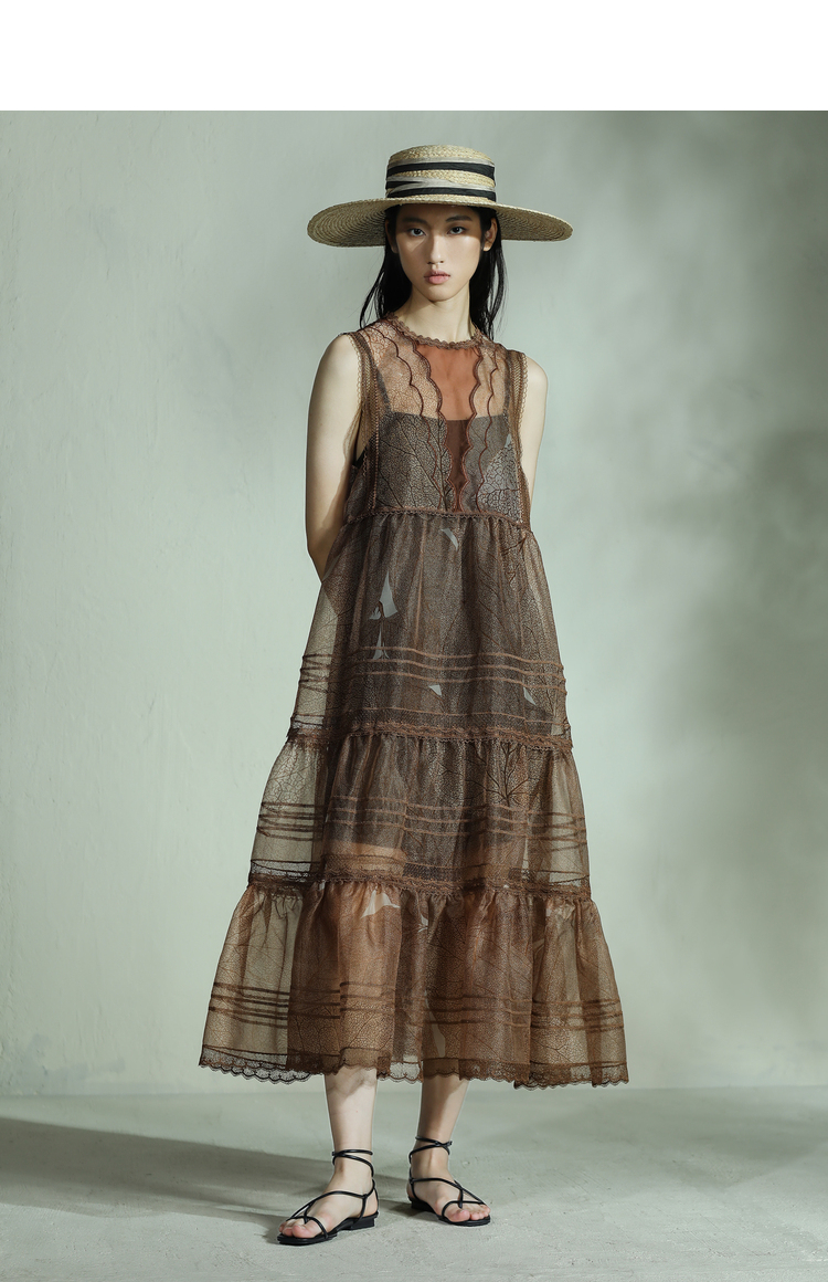 达衣岩优雅透视长款2022年夏季新品无袖花边连衣裙女朝暮红s