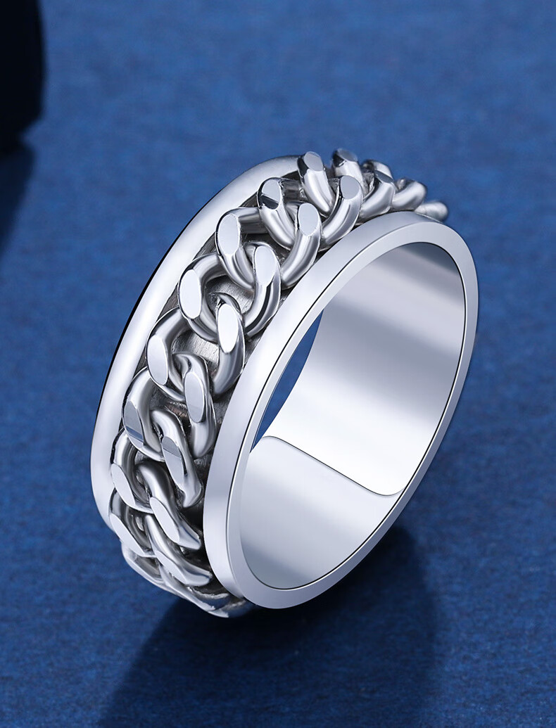 迎彩钻铂金戒指男宽戒pt950链条白金男戒时尚可转动板戒素圈戒指铂金