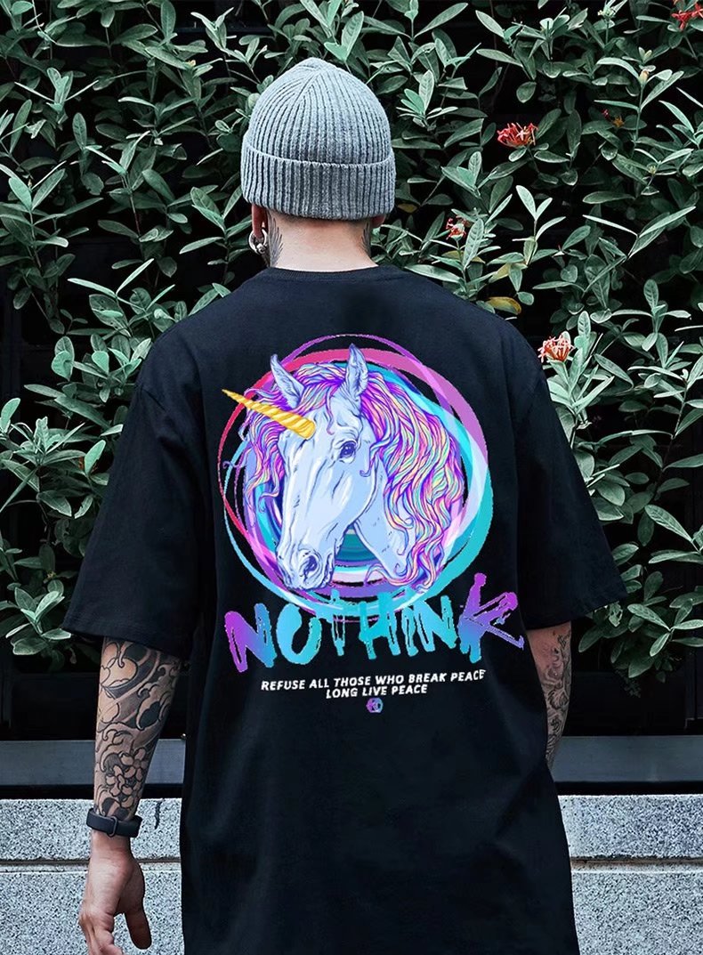 2022新款短袖男潮国潮独角兽男装潮牌t恤宽松潮流大码五分袖半袖19