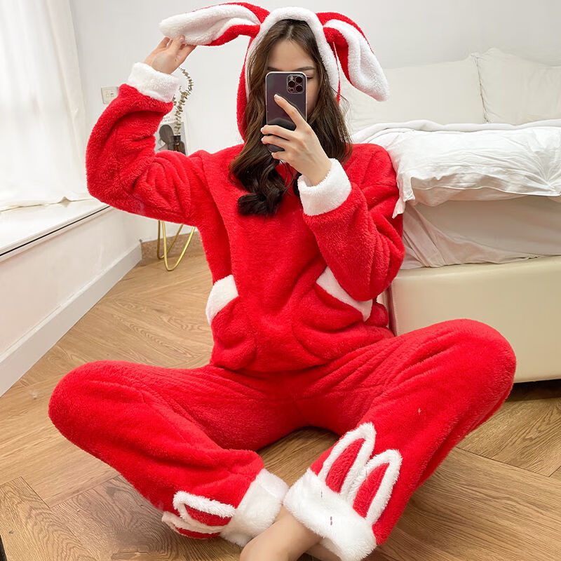 加绒情侣睡衣法兰绒家居服冬季长袖保暖睡衣龙猫l码100118斤上衣裤