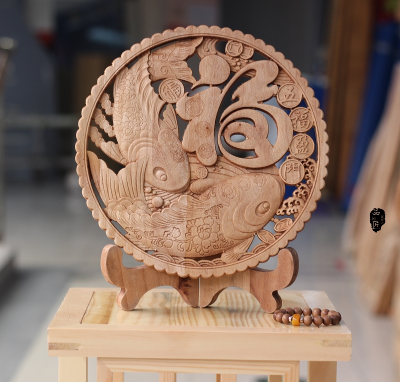 匠俯宅东阳木雕镂空原木雕刻双鱼花鸟福玄关桃木客厅电视柜装饰 天下