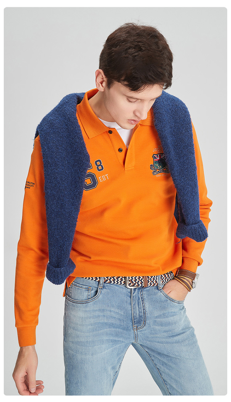 londapolo伦德保罗新款男士长袖t恤翻领高端纯棉休闲上衣桔色48m