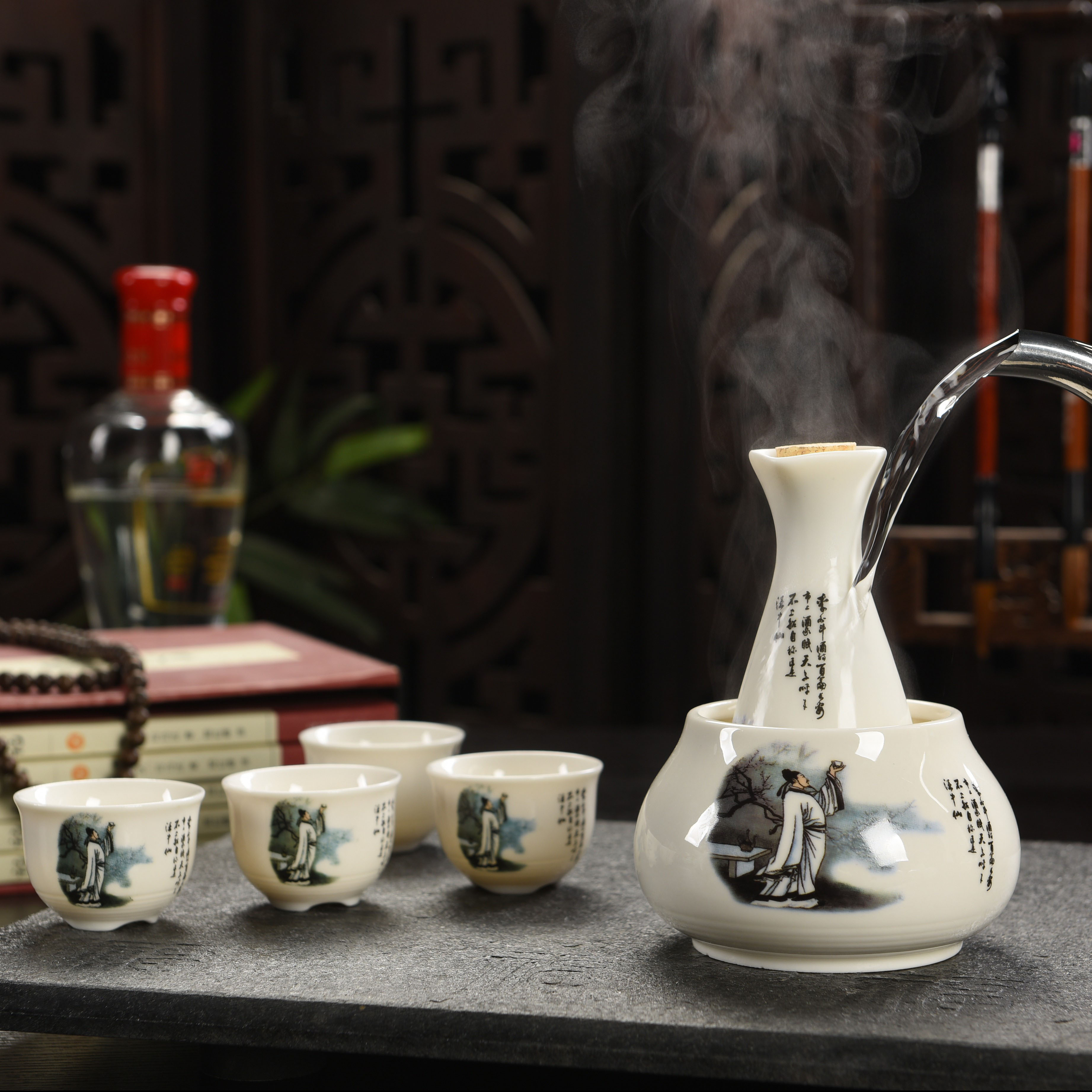 温酒器烫酒壶老式陶瓷温酒器黄酒白酒杯分酒器酒具套装家用清酒杯烫