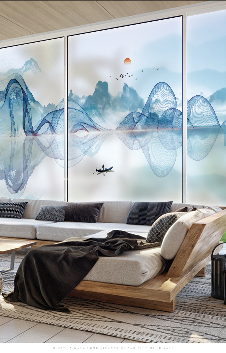 防窥贴膜推拉门窗户山水画移门磨砂玻璃贴纸定制贴窗纸遮光透光不透明
