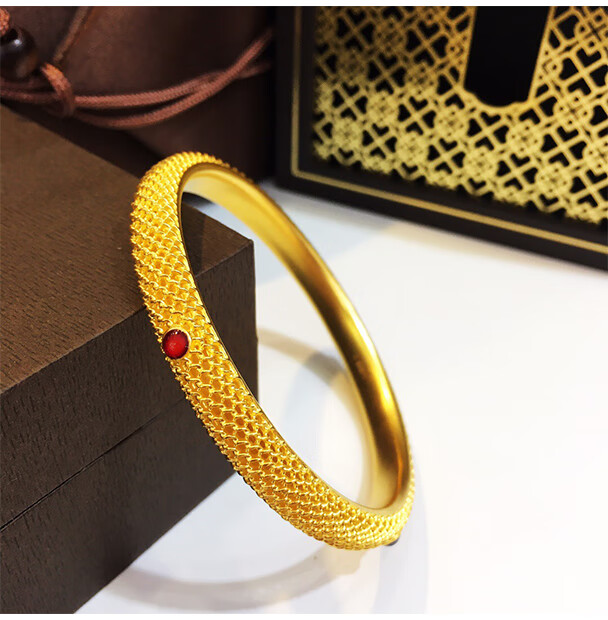 古法黄金手镯镂空宽面999足金镯子女妈妈款宫廷花丝镶嵌首饰定制结婚