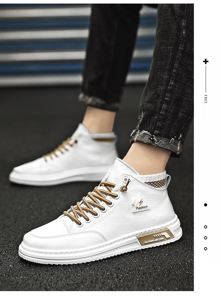 plover男鞋透气平底高帮帆布鞋男士韩版百搭休闲小白鞋 白金(皮面款)