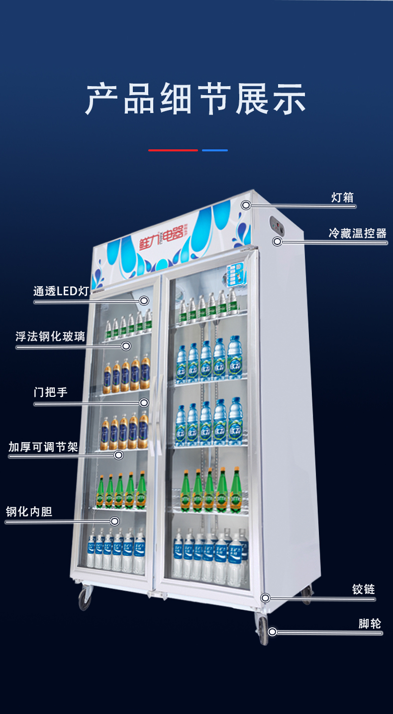 鲜力双门展示柜铜管冷藏饮料水果保鲜柜商用冰柜商超冰柜便利店12米