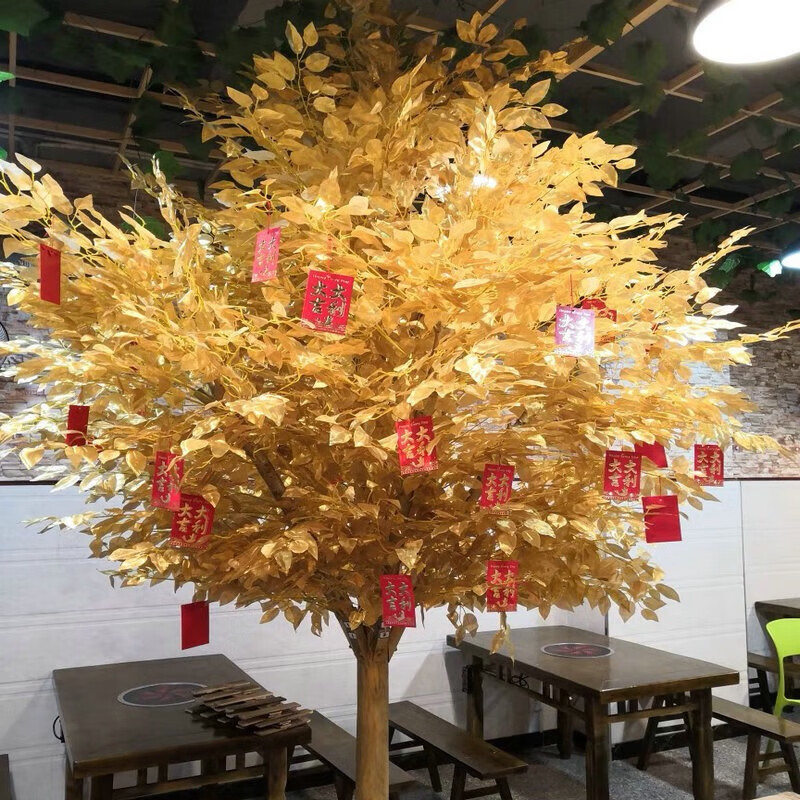班莲奴新年元旦金黄色榕树仿真植物许愿树春节商场酒店摆件金榕树装饰