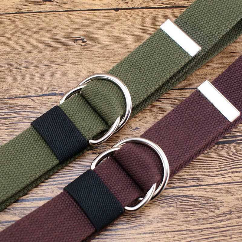 精选皮带织带百搭帆布腰带男女士双环扣加长休闲带条纹学生军训哈璐亚