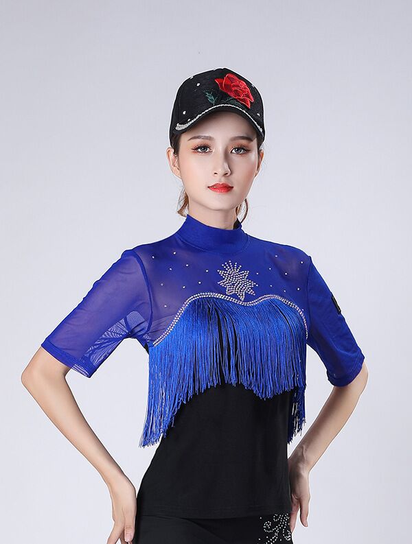 森林骑士水兵舞服装广场舞吉特巴舞蹈服夏季圆领镶钻流苏中袖上衣