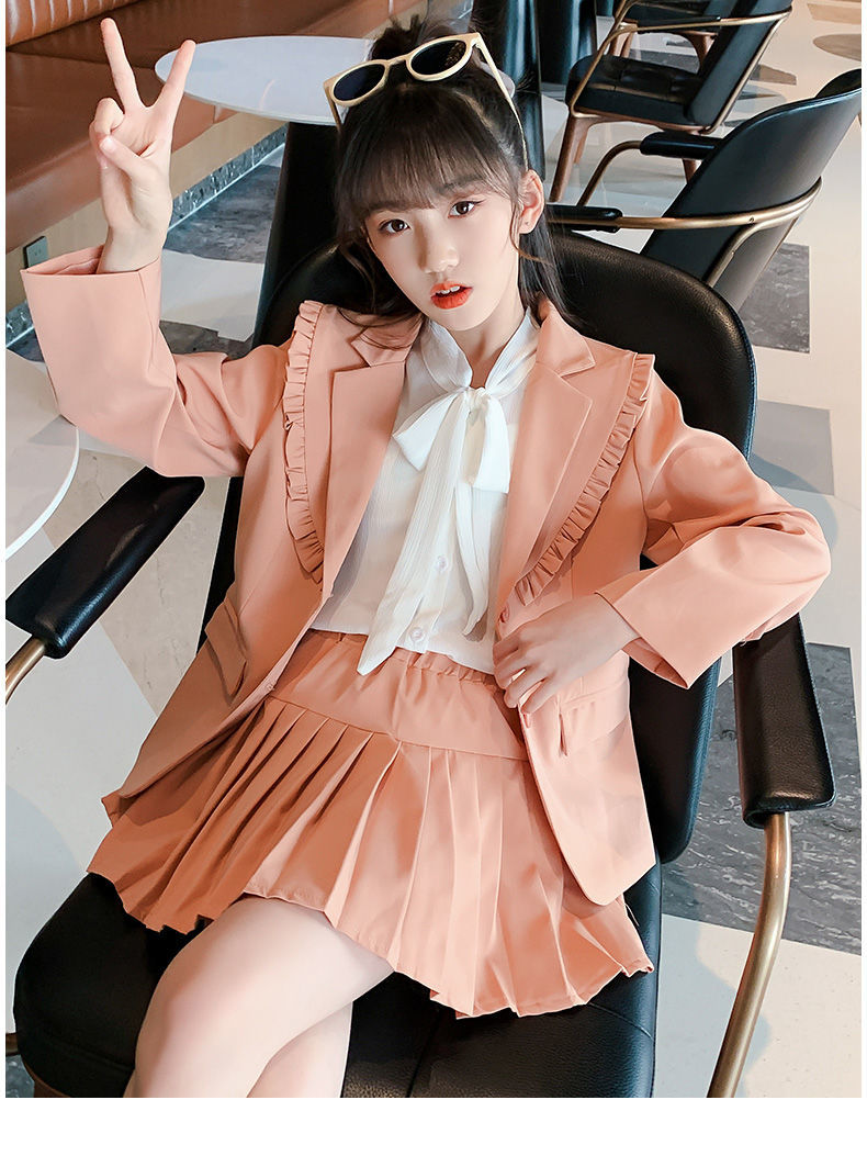 迪士尼女童套装童装女中大童春季新款西装裙子套装三件套儿童休闲jk小