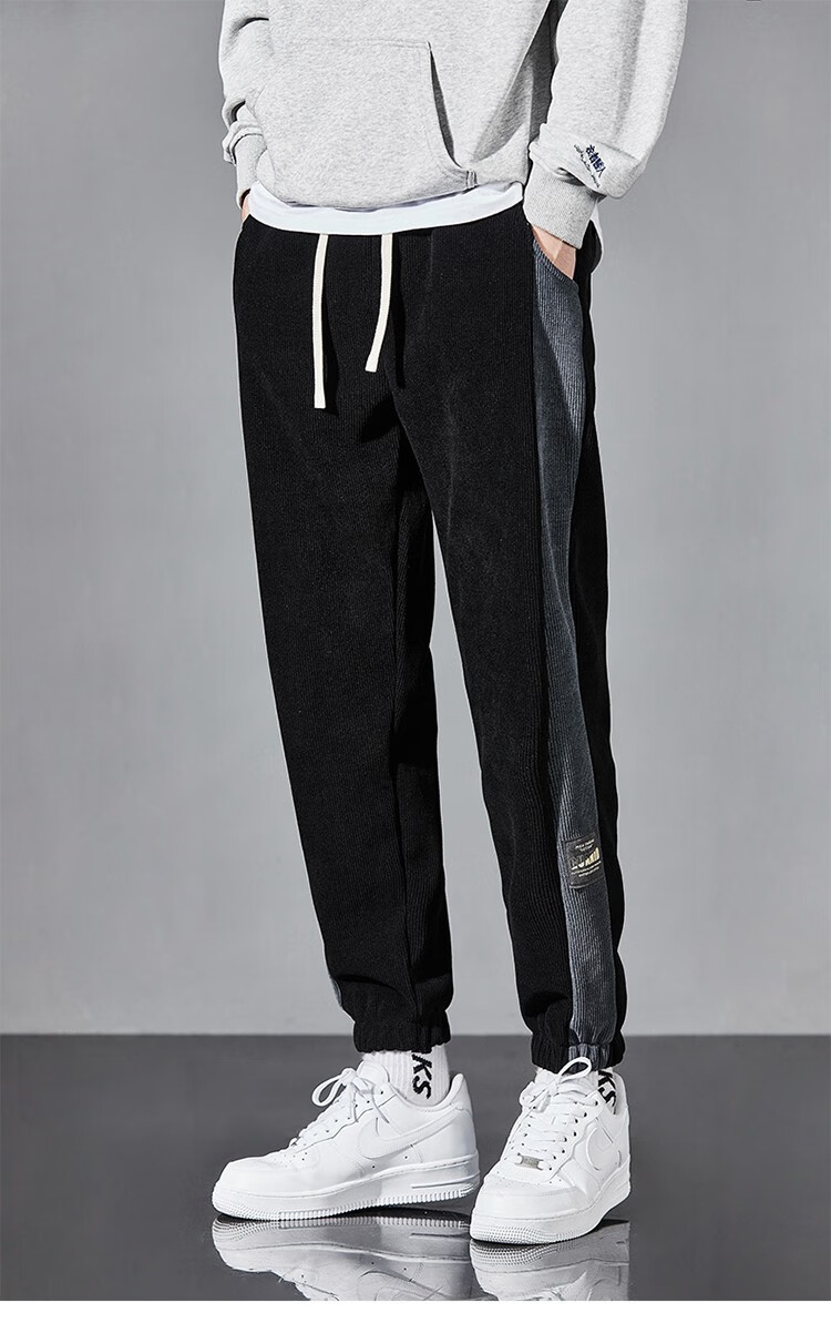 花花公子秋冬季灯芯绒休闲裤男拼接青年加绒长裤宽松百搭哈伦束脚裤子