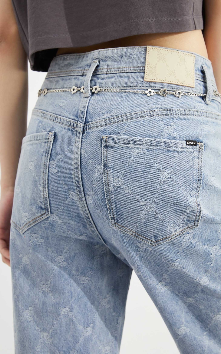 only2022春季新款高腰阔腿心形纽扣长款链条牛仔裤女122232001j32210