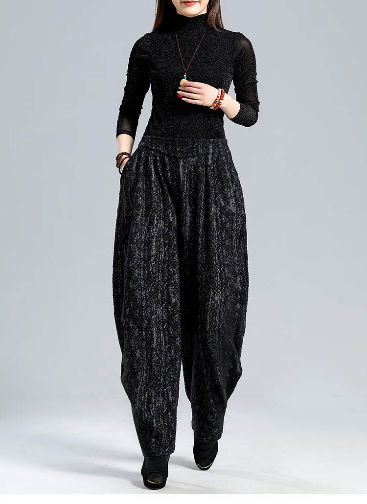 布琳达时尚灯笼裤女2021秋冬宽松大码休闲提花褶皱哈伦舞蹈裤大裆文艺