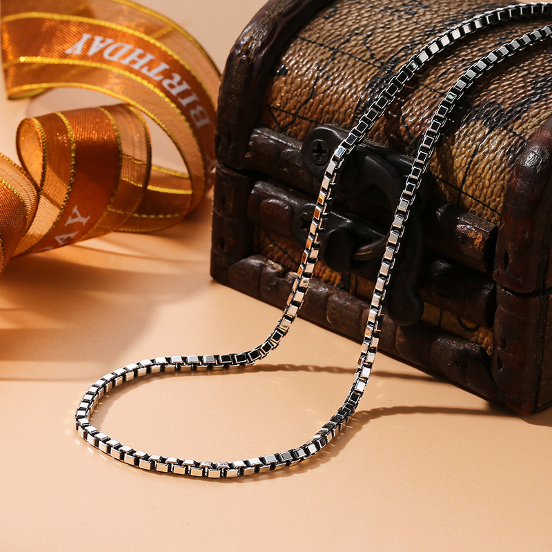 s足银项链男女款盒子链六字真言颈链潮人配饰秋冬毛衣链轻奢款55cm925