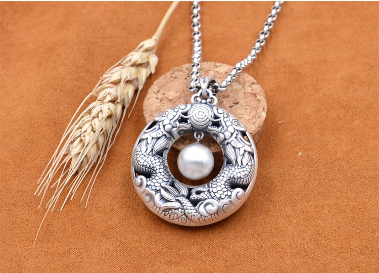 老凤凰同款双龙戏珠银平安扣个性复古新款毛衣链长款项链吊坠女男单