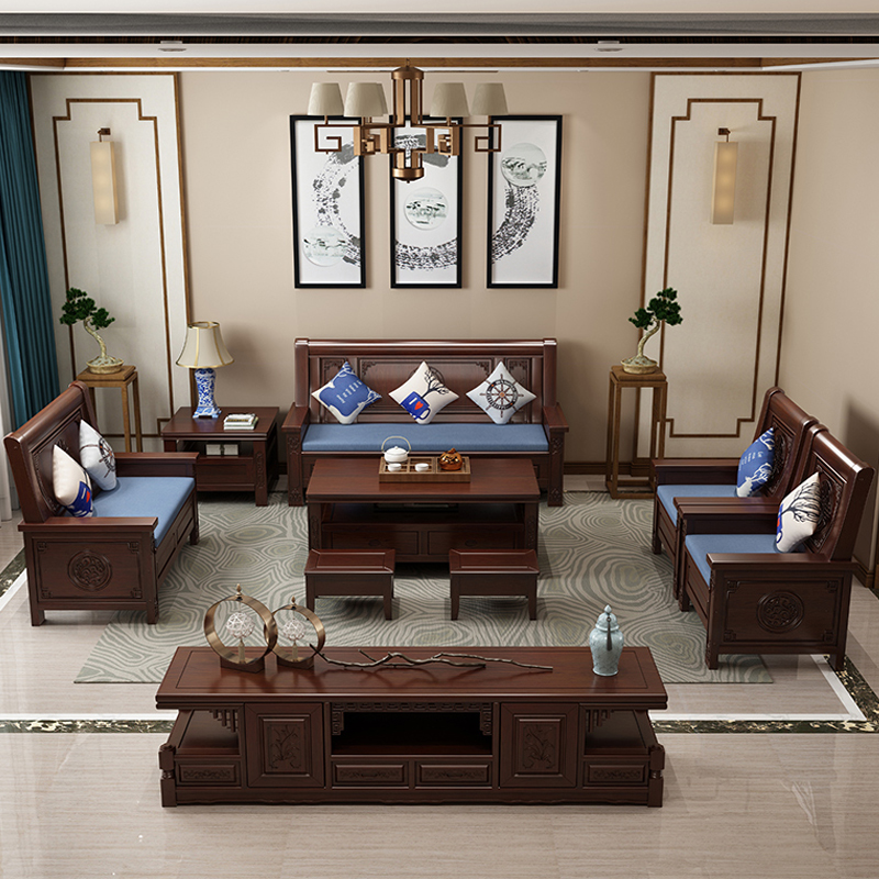 姚先森实木沙发组合香樟木新中式现代简约全木质小户型客厅农村整装