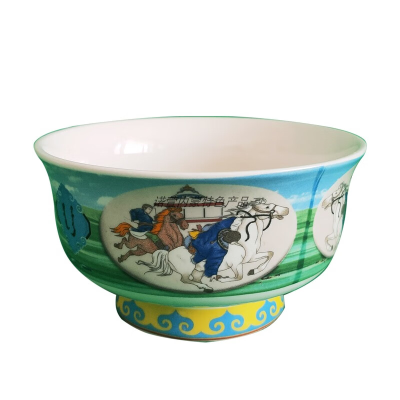 内蒙古民族瓷碗蒙古奶茶碗蒙语五畜八宝高脚碗蒙元素蒙餐酒店餐具 白