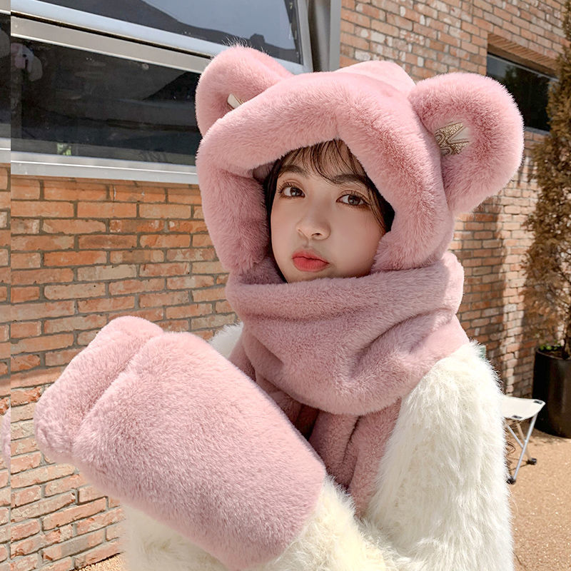 帽子围巾冬天女高颜值小熊围巾手套一体三件套防寒保暖帽可爱围脖