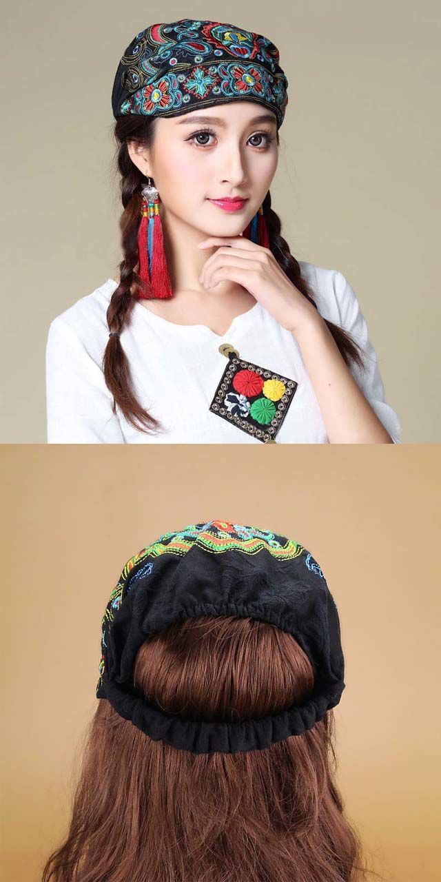 女耳环旅游帽复古包头帽百搭t769多功能发带帽子民族风刺绣带帽中国红