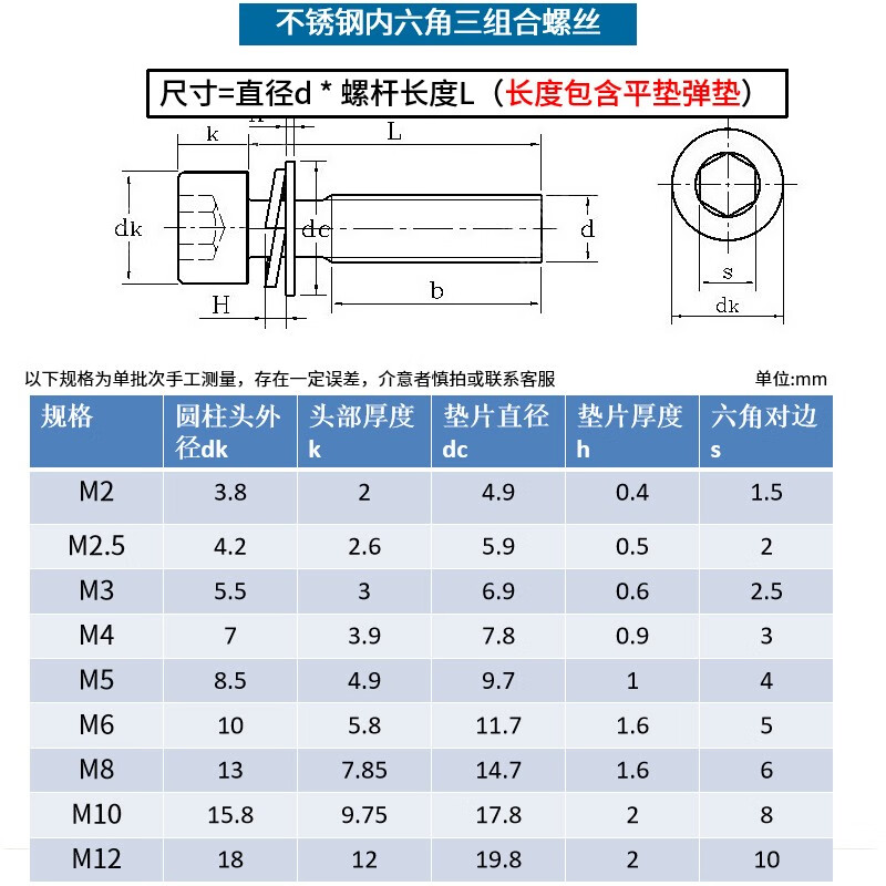 劲功304不锈钢内六角三组合螺丝带垫内六角组合螺丝螺钉m3m4m5m6m8 7l