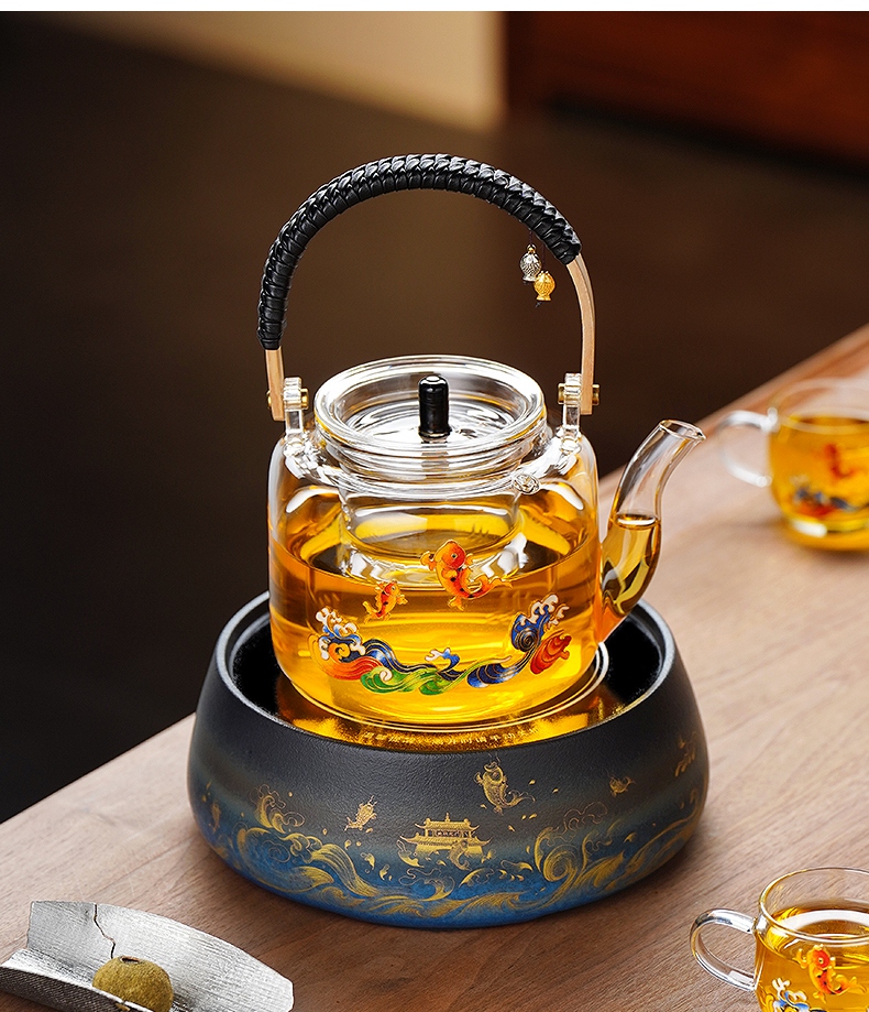 sthanodd高档玻璃煮茶器套装电陶炉煮茶壶景泰蓝泡茶壶养生蒸煮内胆