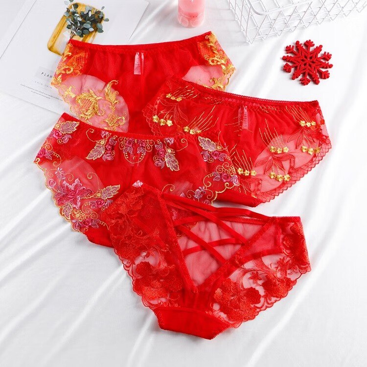 本命年红内裤女女士内裤牛年大红色结婚喜庆裤头女网纱四条装m码
