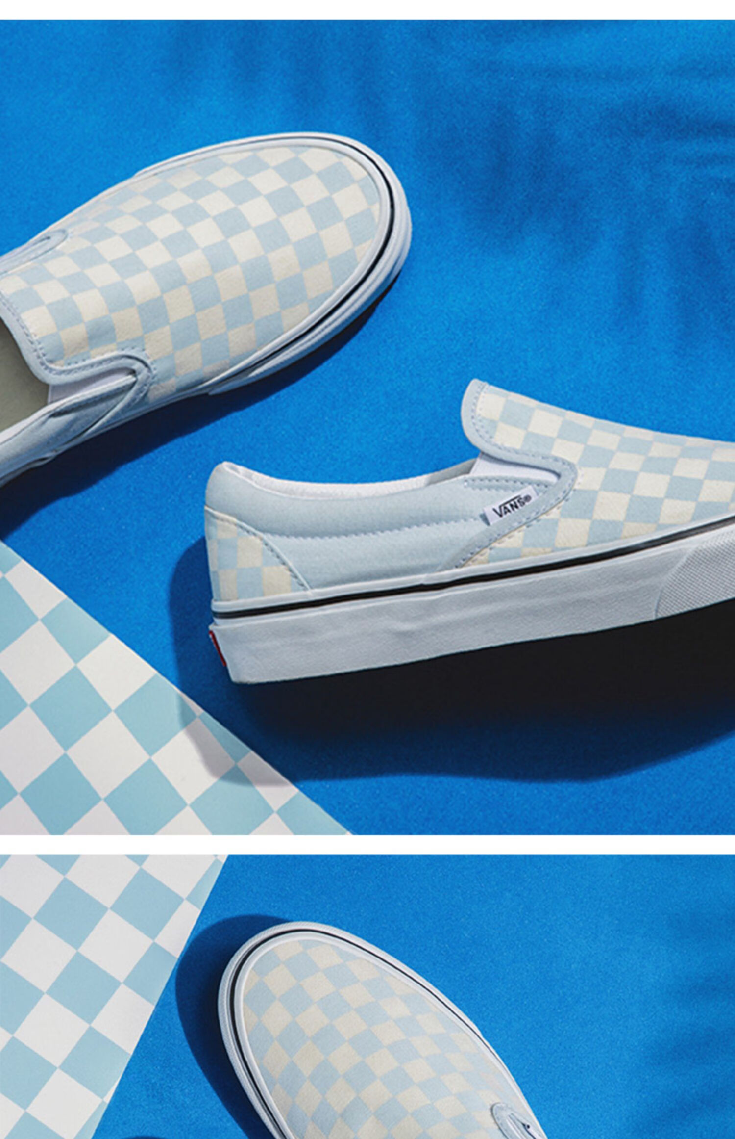 slip-on奶蓝棋盘格马卡龙色男女帆布鞋 蓝白棋盘格 35_鞋内长22cm
