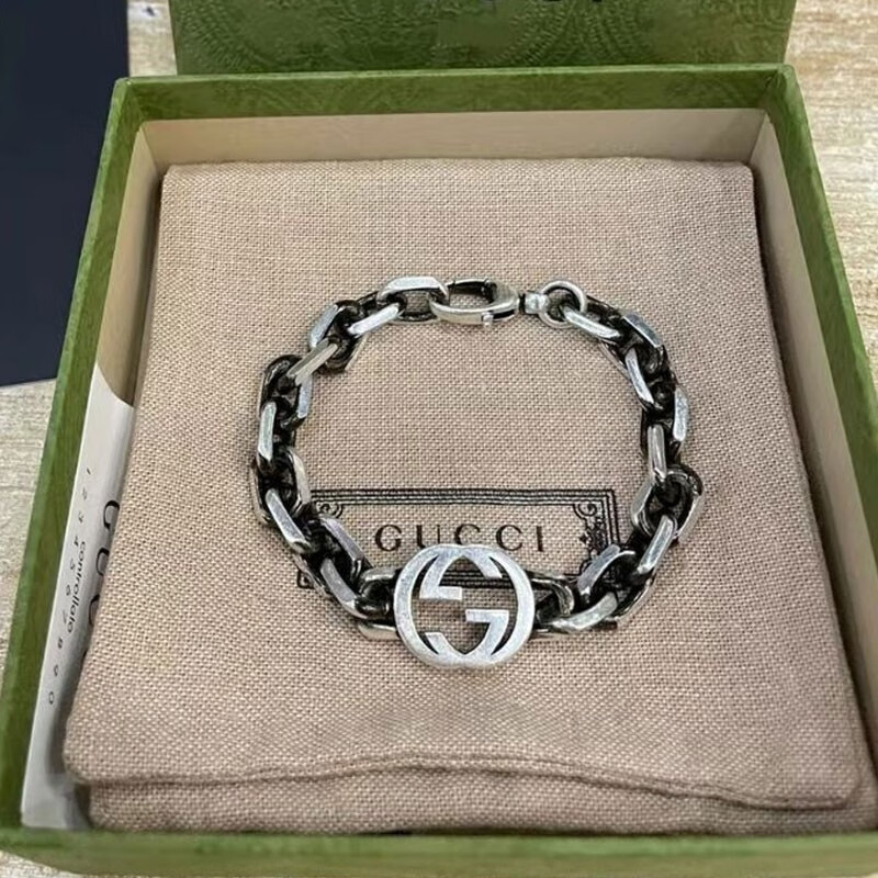 gucci 古驰 男女通用互扣式纯银古巴链 做旧复古手链627068 19【图片