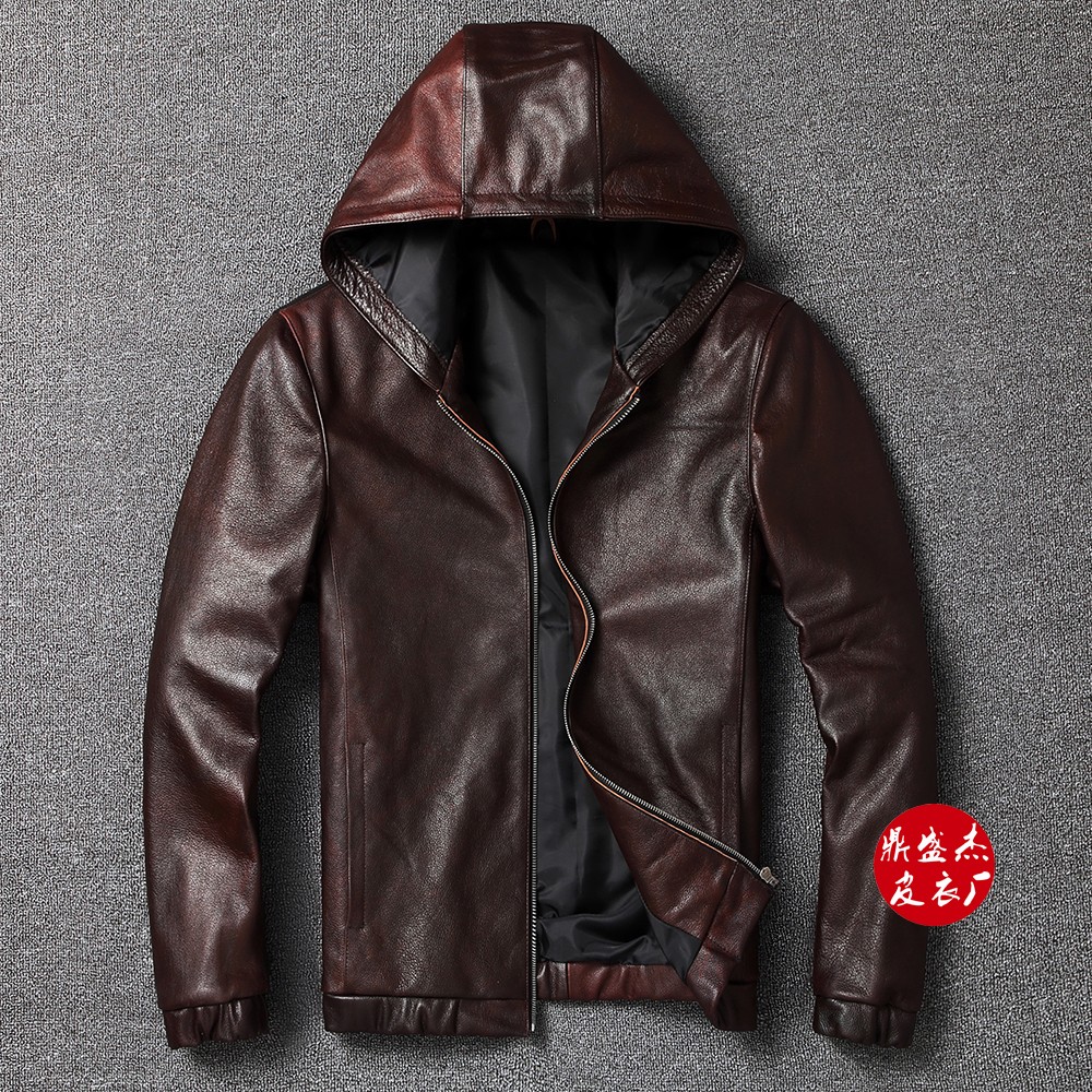 啄木鸟高档品牌进口休闲皮夹克连帽皮衣男柔软牛皮简约外套带帽修身