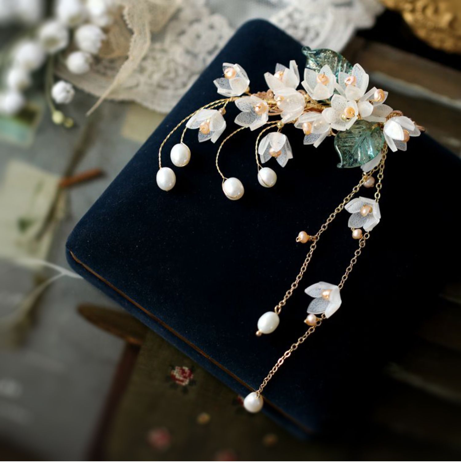 古风发夹后脑勺铃兰发饰2021年汉服头饰头发夹子两边侧发铃兰花发夹75