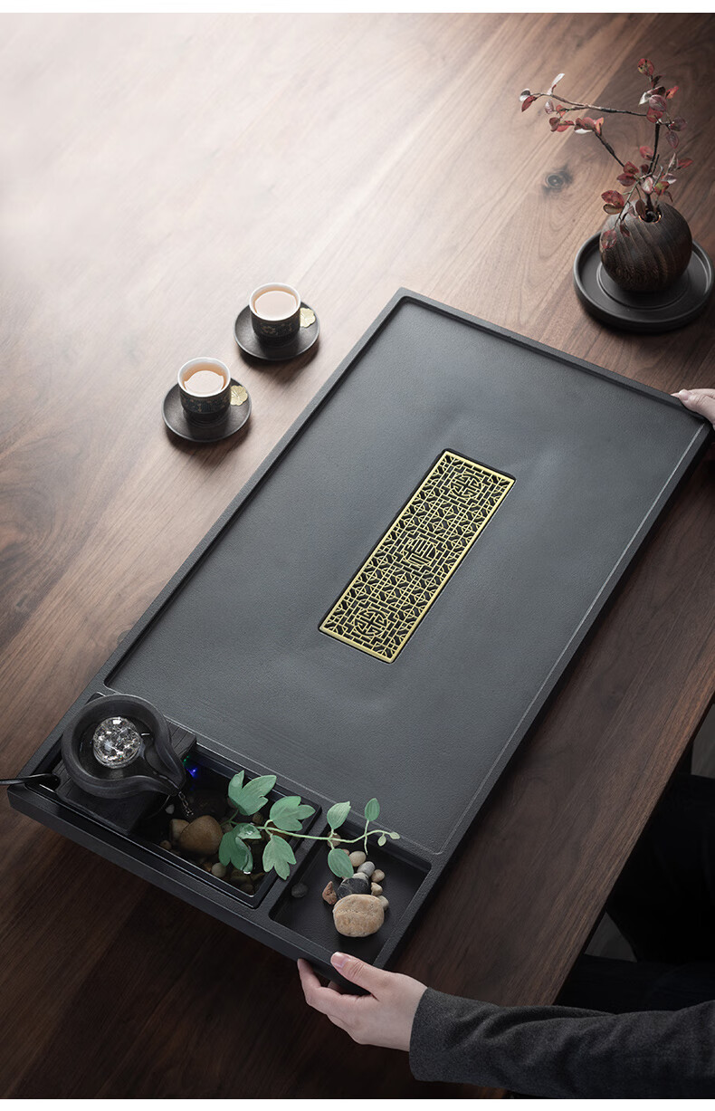 茶托盘乌金石英石茶台家用石磨流水器茶具盘石磨流水器流窗石英石茶盘