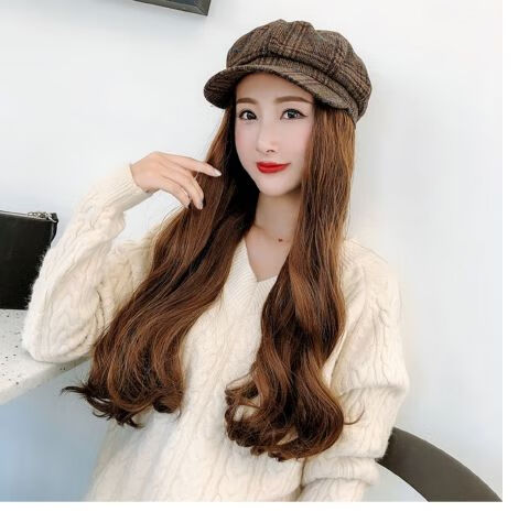 搞怪假发毛线帽假发女长发全头套长卷发大波浪八角帽网红带头发的帽子