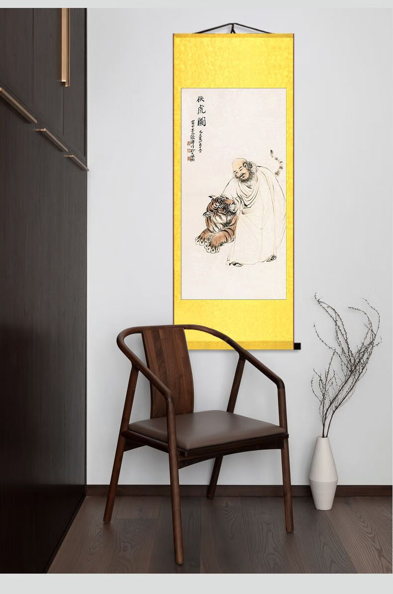 伏虎罗汉菩萨画像卷轴挂画客厅佛堂茂春伏虎图竖版寺庙装饰画 b-伏虎