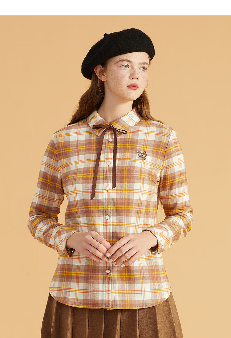 衣恋官方集团依恋甜美清新撞色格子系带学院徽章长袖衬衫女粉色165