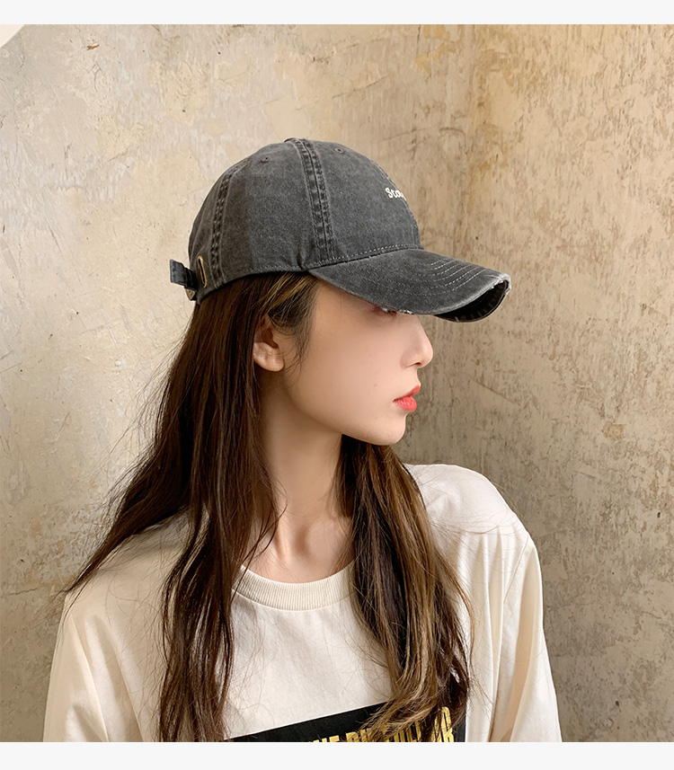 水洗做旧破洞棒球帽女秋冬潮日系休闲百搭鸭舌帽网红帽子女韩版潮黑色