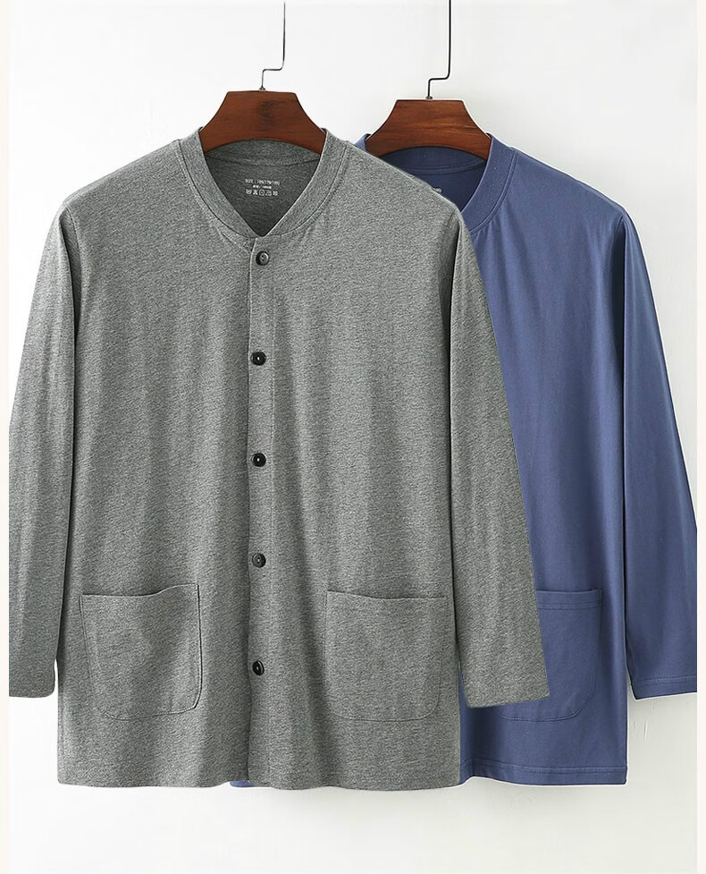 中老年人纯棉秋衣男爸爸对襟开衫棉毛老头衫上衣爷爷春秋长袖t恤 深