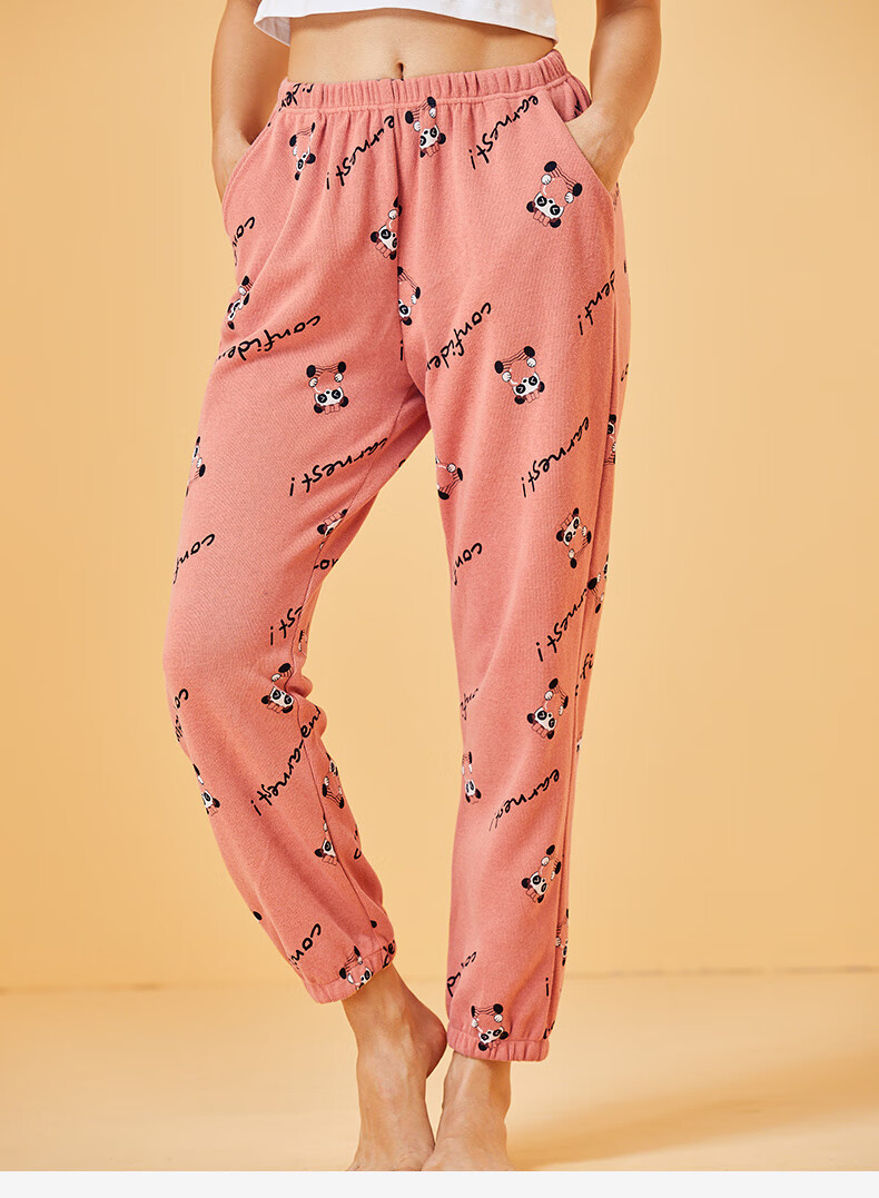 仕乐螺纹家居裤情侣中厚卡通印花甜美家居睡裤棉质宽松长裤可外穿大红