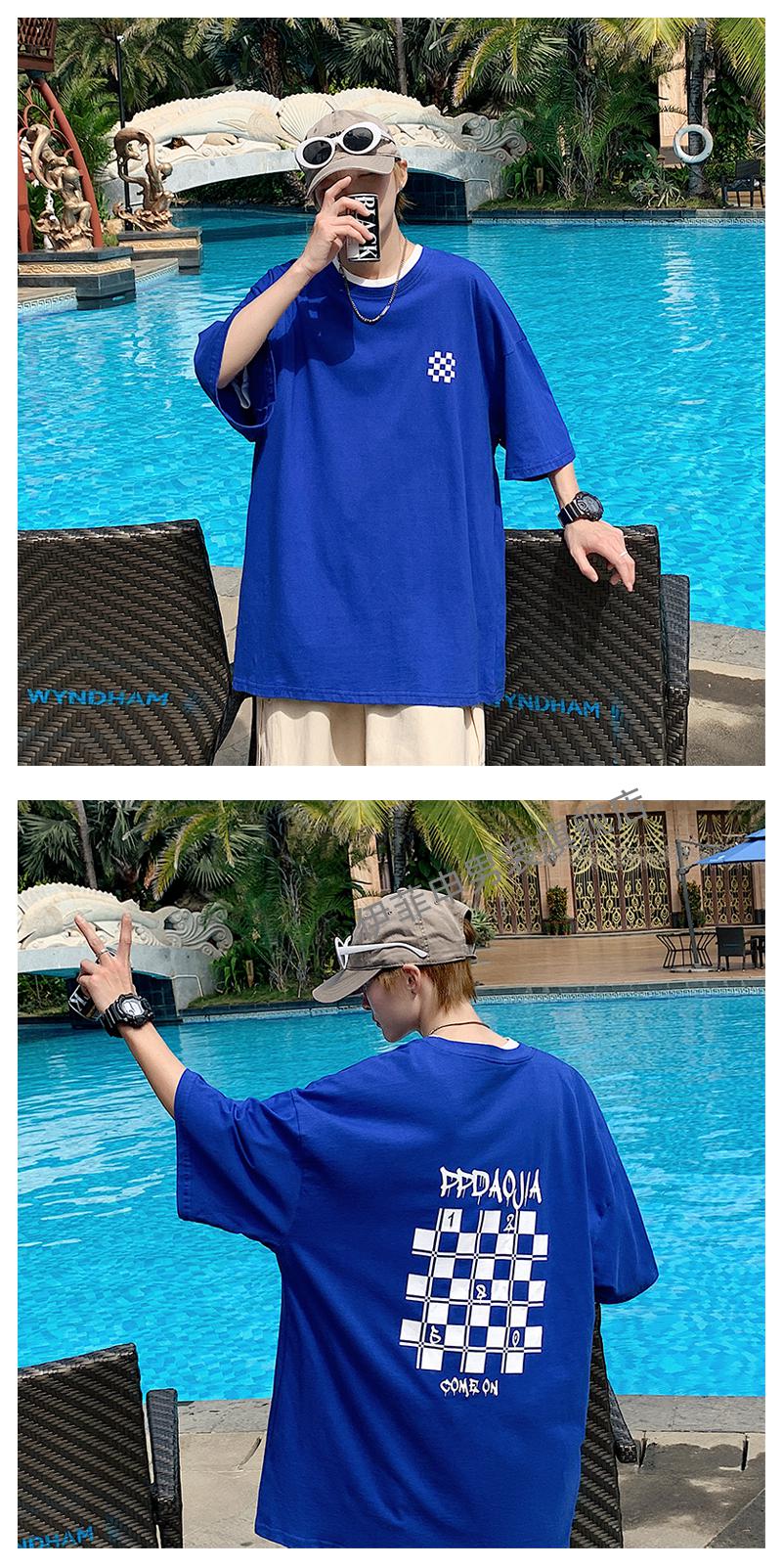 t恤oversize棋盘格短袖男三亚旅行穿搭大码七分袖夏放心t21828蓝色克