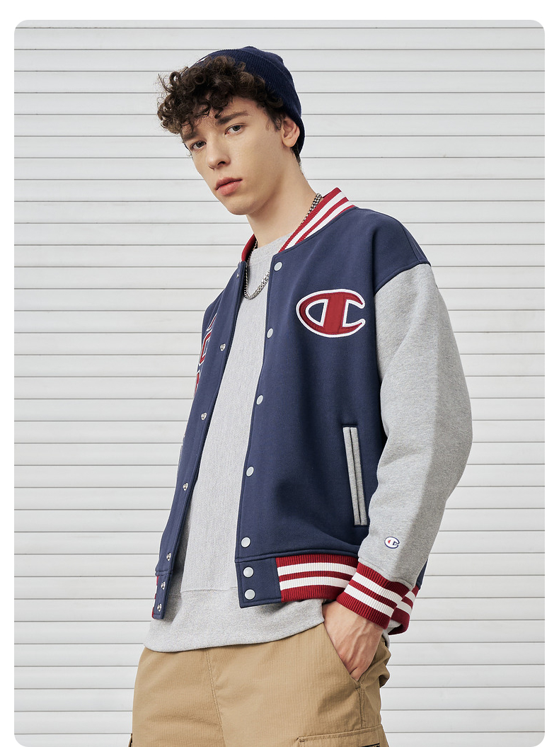 champion2021秋冬新款加绒字母立领棒球式厚开襟夹克男女情侣款 藏青