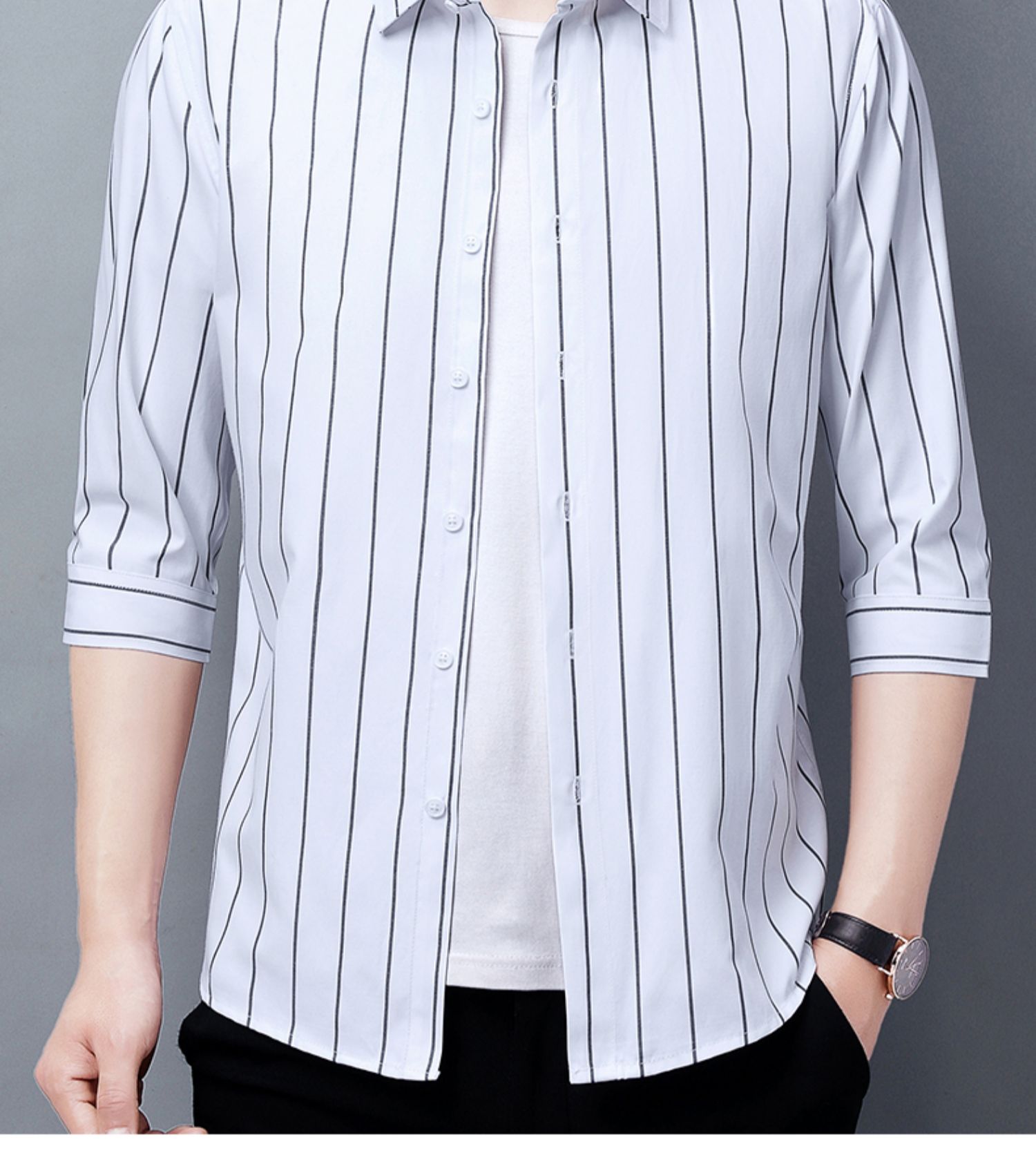 尚逸凡七分袖男衬衫夏季薄款轻熟风男装商务衬衫短袖衬衣休闲条纹男士